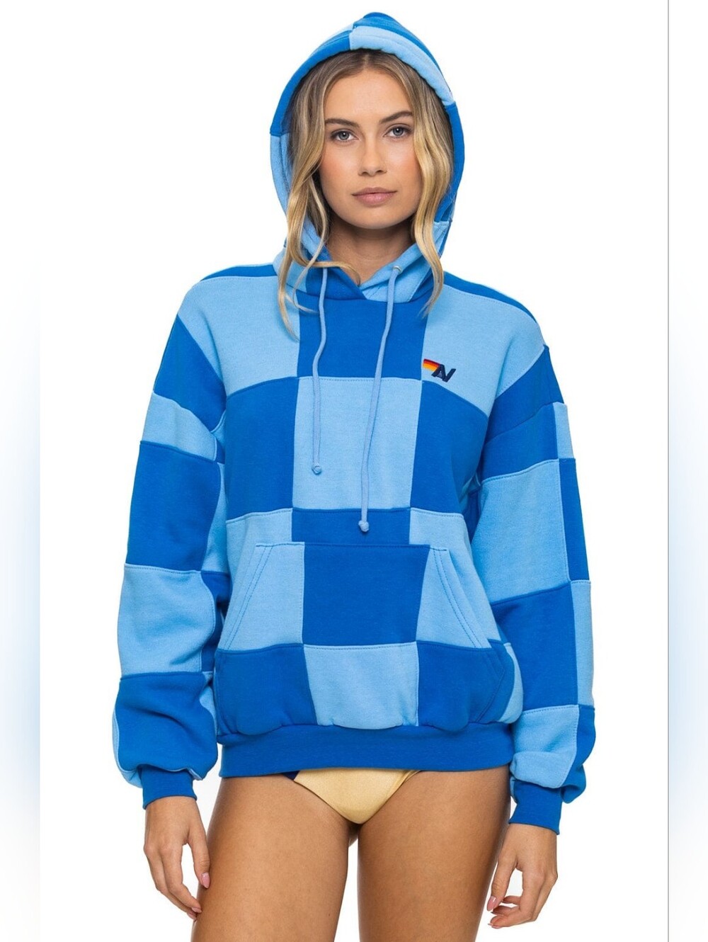 Aviator Nation CHECK QUILT RELAXED PULLOVER HOODIE(SKYADVENTURE BLUE) Size XS